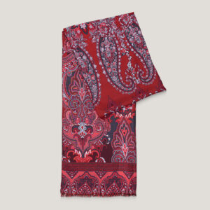 Sciarpa rosso scuro con fantasia cashmere nera e bianca – design Roberta Failla Antica Cravatteria Palermo