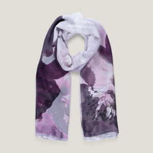 Sciarpa con fantasie astratte in scala di grigi e viola – design Roberta Failla Antica Cravatteria Palermo